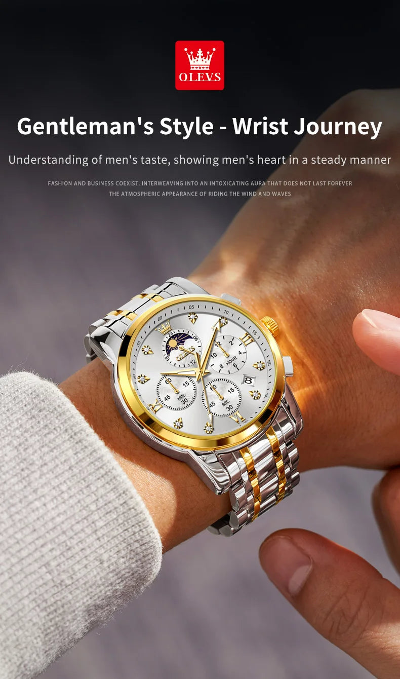 ساعة OLEVS 3655 Moon Phase Classic Three Eye Dial للرجال من الفولاذ المقاوم للصدأ للرجال بإبزيم الفراشة وساعة كوارتز مقاومة للماء