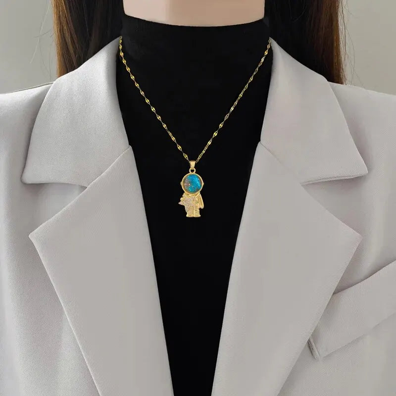 Collier Étoile Planète Lune - Pendentif Astronaute en Acier Titane
