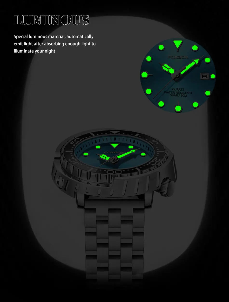 Montre homme FOXBOXE à quartz, style sport décontracté, étanche 5 ATM, avec affichage lumineux et lunette en acier, date.