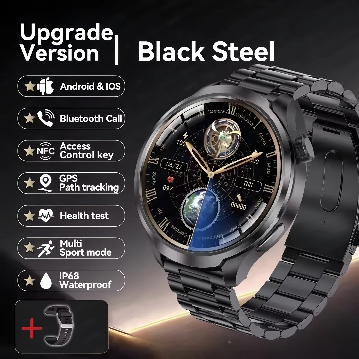 ساعة ذكية رياضية مزودة بنظام تحديد المواقع العالمي (GPS) - شاشة AMOLED مقاس 1.85 بوصة، وجهاز مراقبة معدل ضربات القلب وضغط الدم