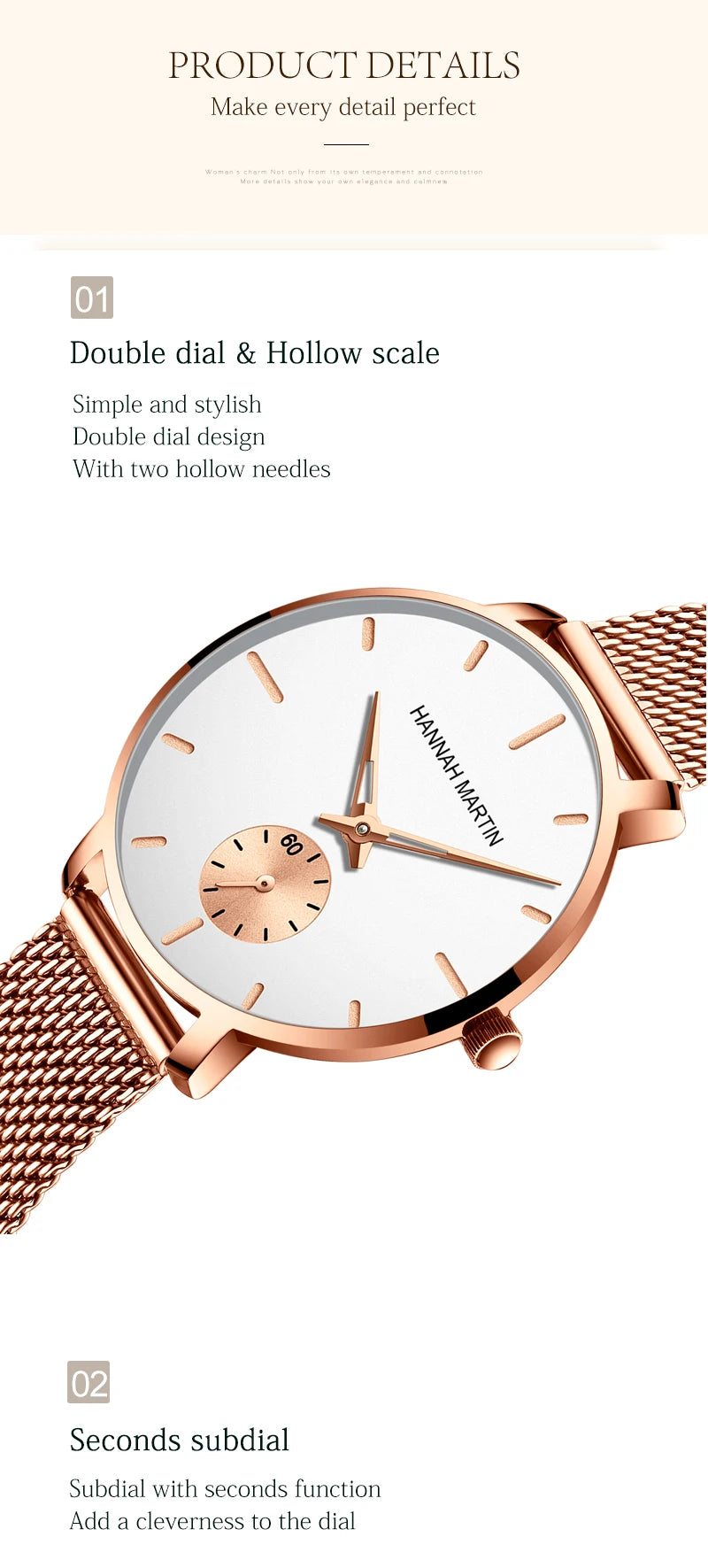 Montre femme Hannah Martin 2025 - Montre habillée en acier inoxydable et maille