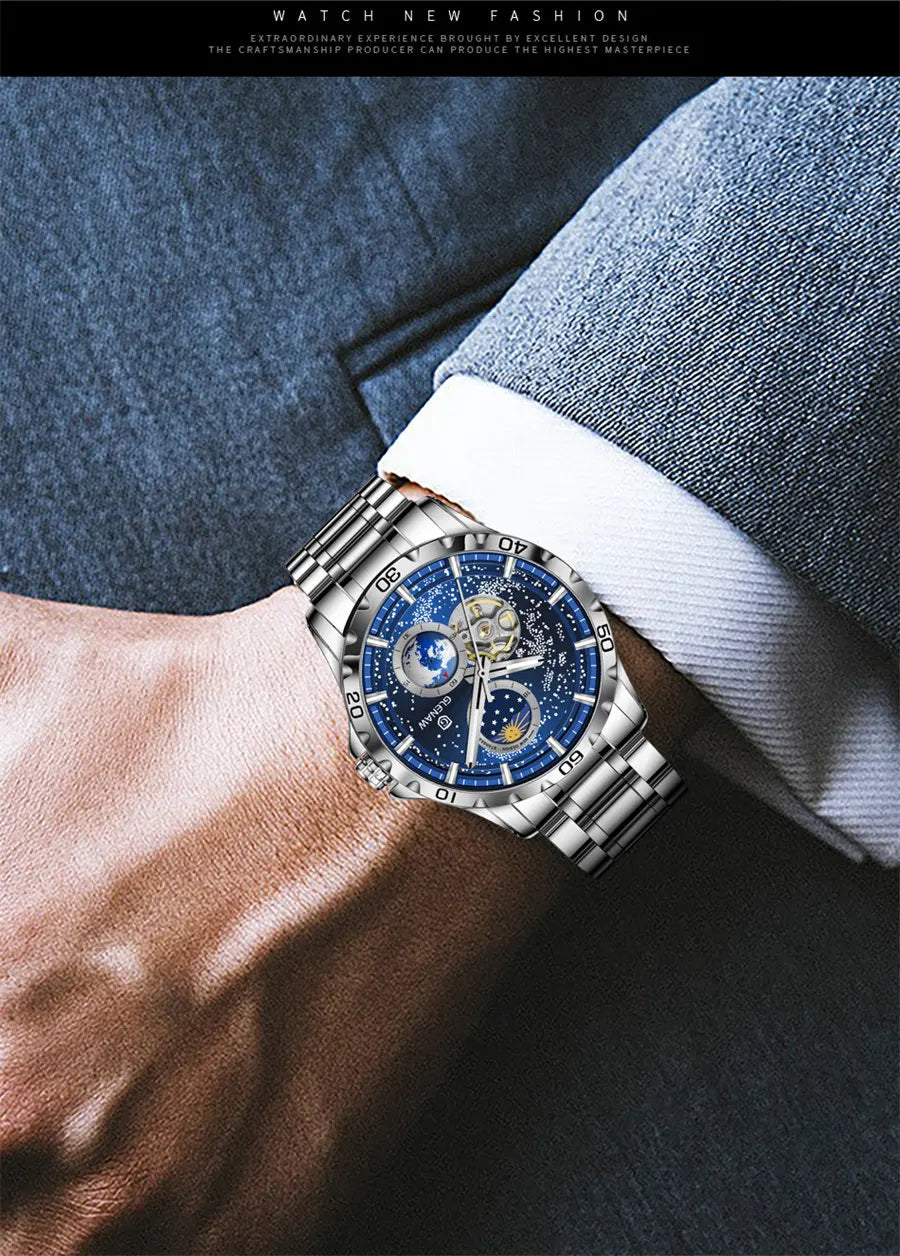 Montre-bracelet GLENAW à double trotteuse rotative pour homme, automatique, mécanique, ciel étoilé, acier inoxydable, bracelet en cuir, motif Terre étoilée
