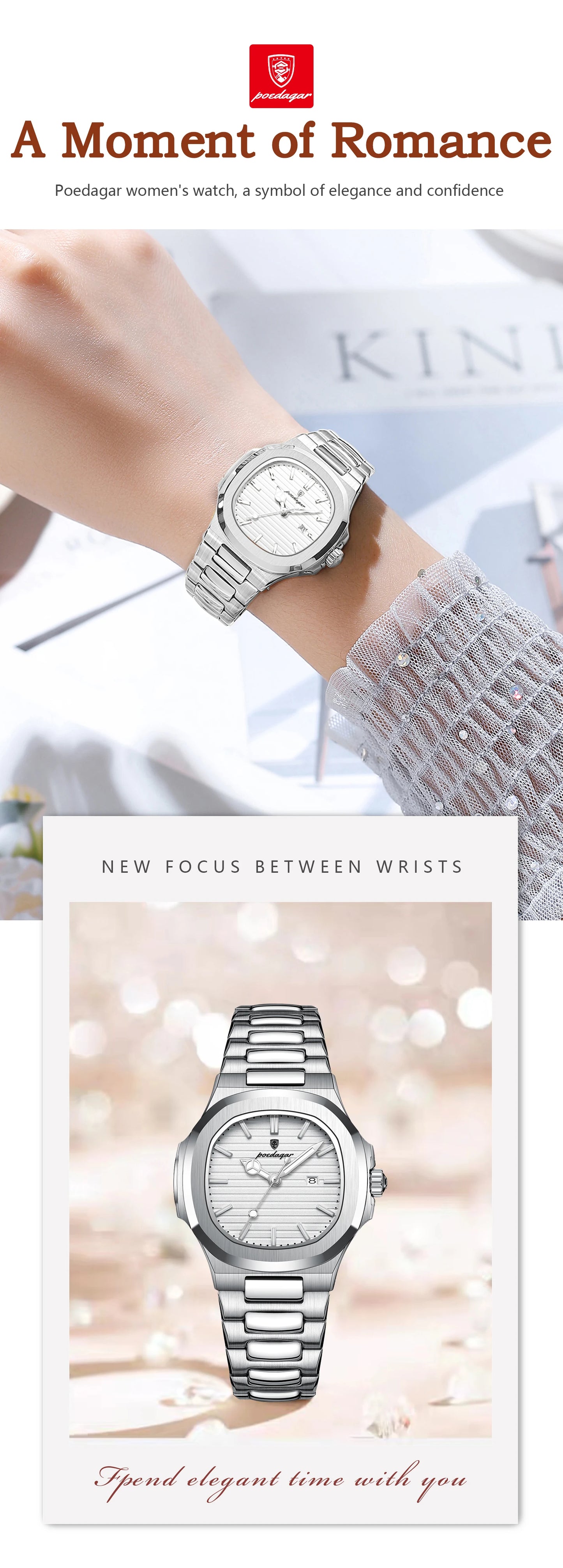 ساعة POEDAGAR النسائية - ساعة كوارتز فولاذية مضيئة مقاومة للماء