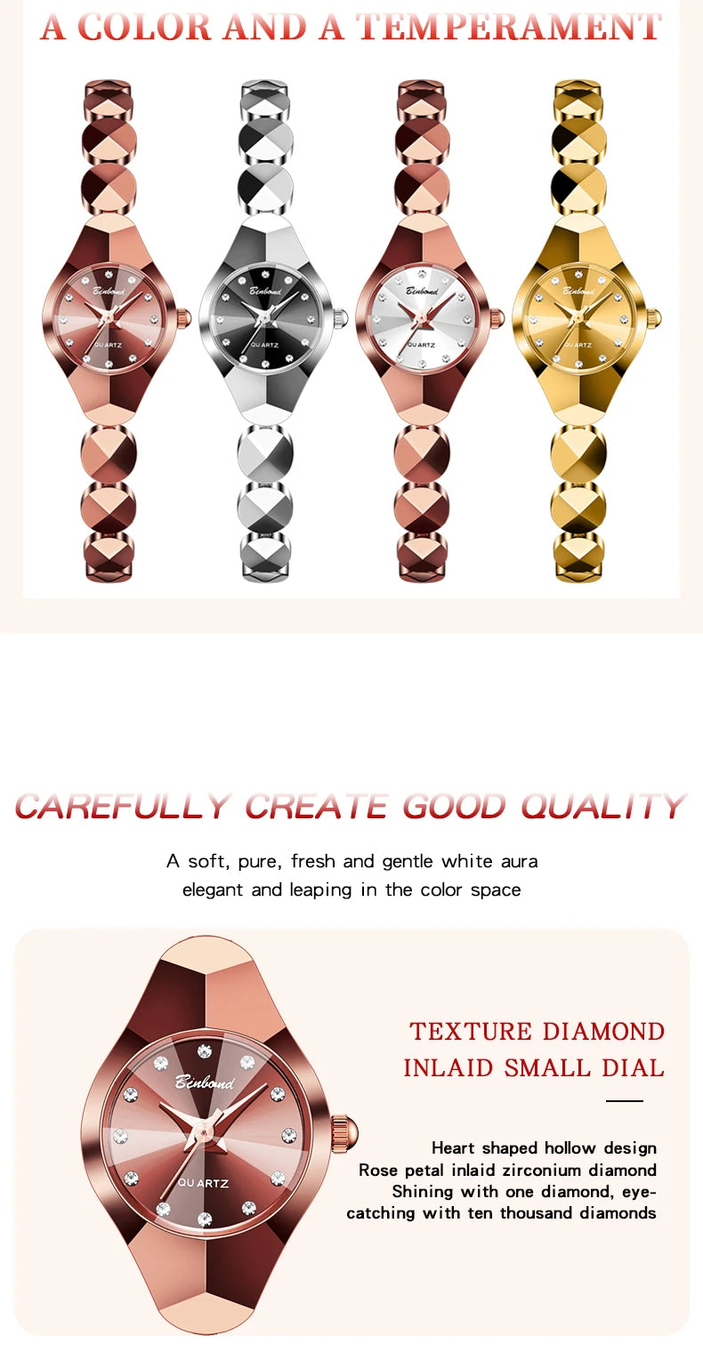 ساعة BINBOND النسائية - سوار فولاذي فاخر مقاوم للماء