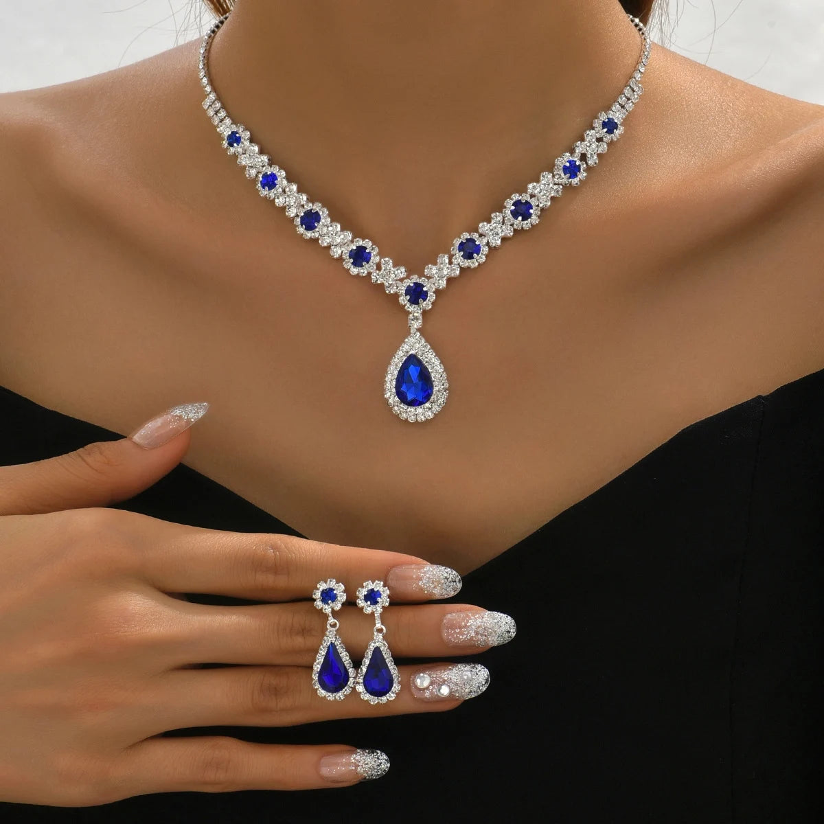 Jewelry Set - 3pcs Crystal Droplet Necklace Earrings Wedding Set