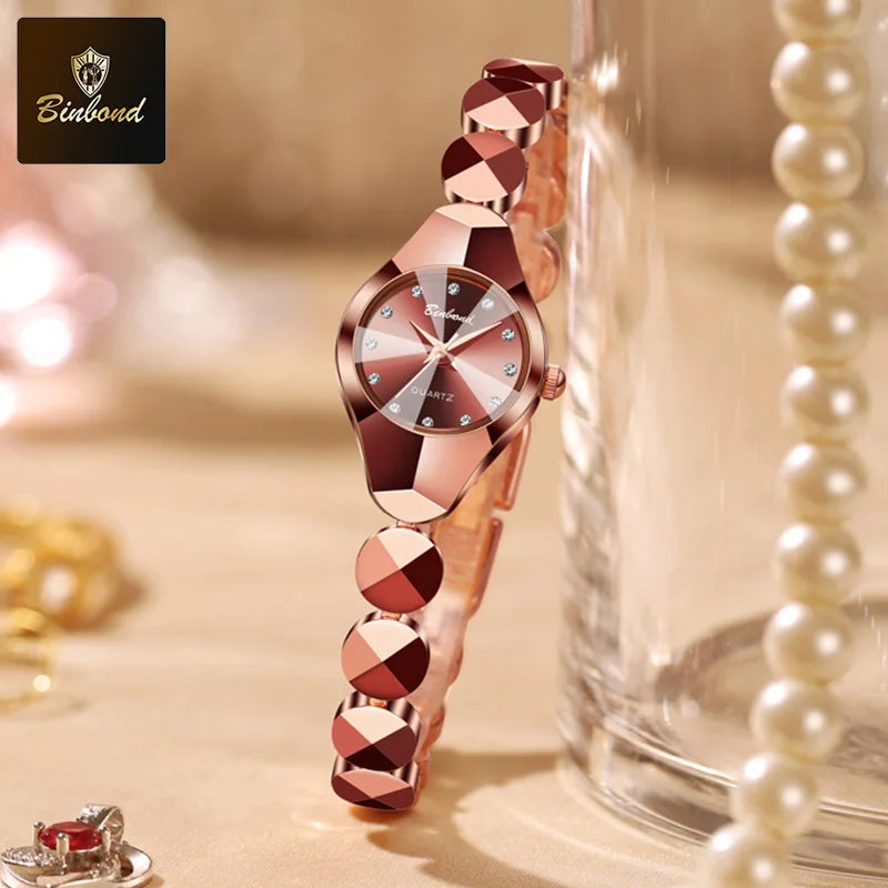 ساعة BINBOND النسائية - سوار فولاذي فاخر مقاوم للماء