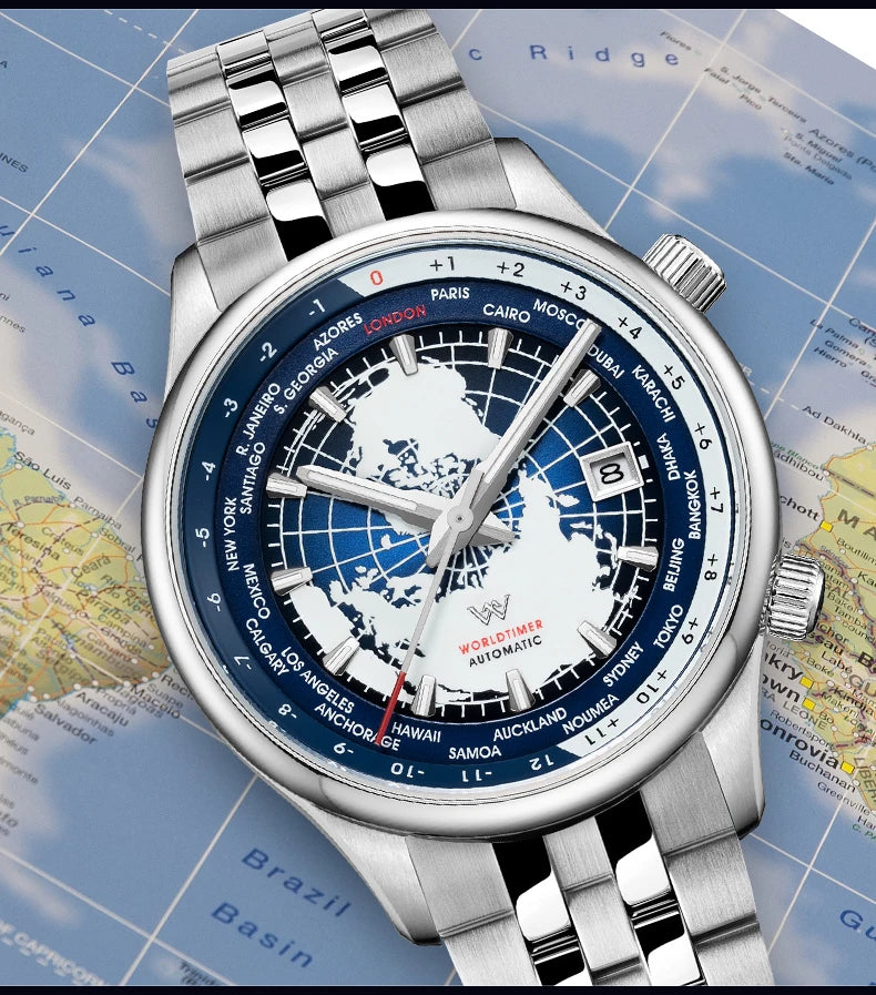 Montre WM automatique mécanique pour homme, haute qualité, verre saphir, heure mondiale, marque originale reconnue Welly Merck, référence WM057