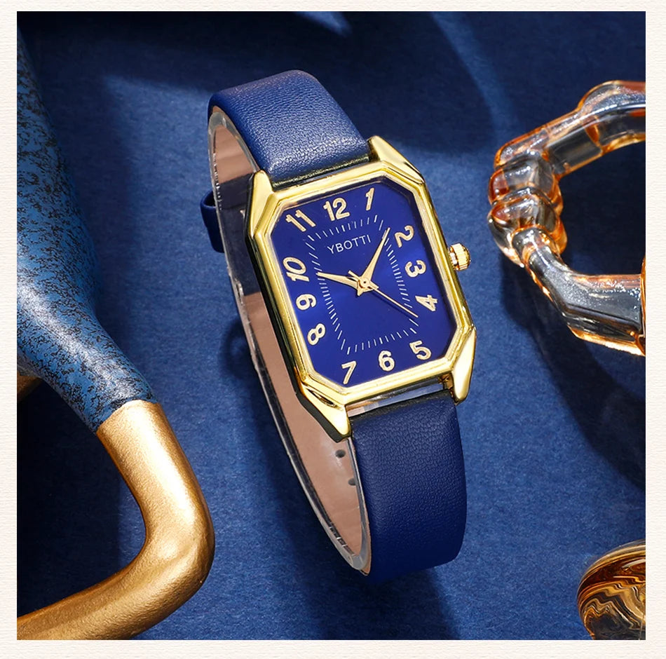 Montre carrée pour femme - Montre-bracelet à quartz avec bracelet en cuir bleu de luxe