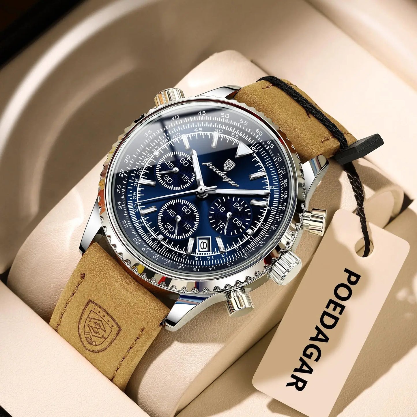 ساعة رجالية فاخرة من ماركة POEDAGAR مقاومة للماء ومضيئة وتاريخ كرونوغراف من الجلد ساعة رجالية كوارتز ساعات عمل أنيقة للرجال
