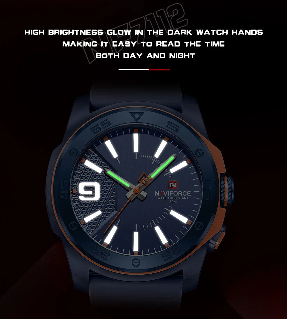 Montre de luxe pour homme NAVIFORCE, mouvement à quartz, bracelet en silicone, étanche à 50 m, aiguilles lumineuses, mouvement japonais, montre-bracelet sport pour homme