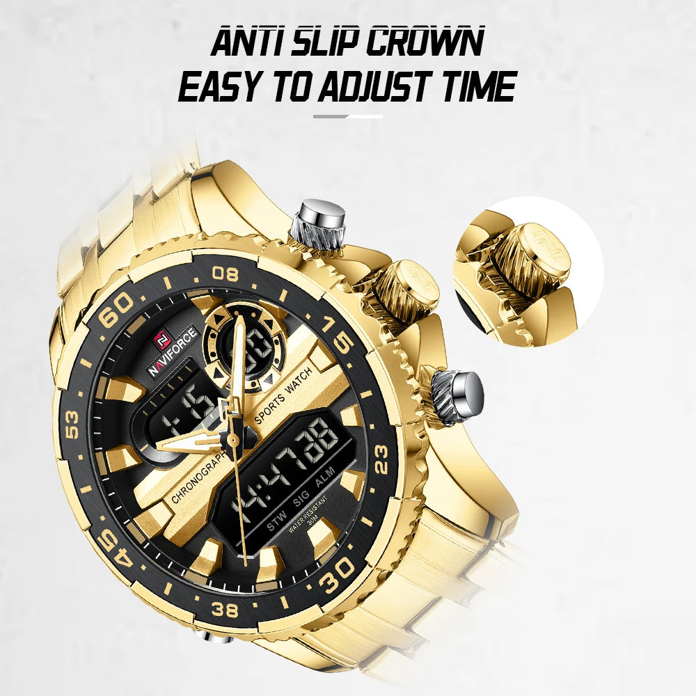 ساعة NAVIFORCE الرياضية الفاخرة للرجال مقاومة للماء وحركة كوارتز كرونوغراف وسوار فولاذي وعرض التاريخ والأسبوع الرقمي