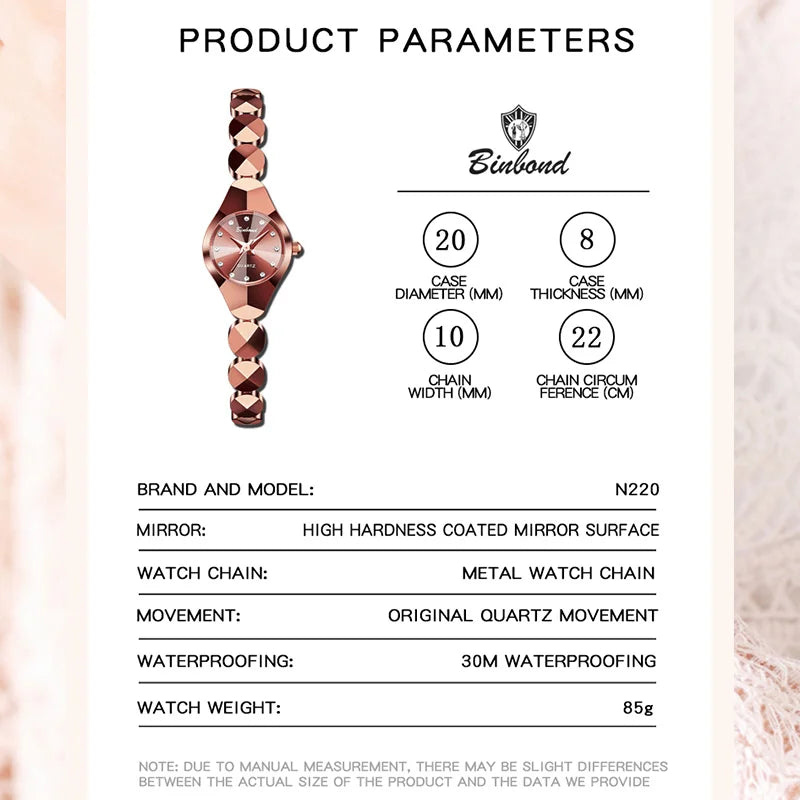 ساعة BINBOND النسائية - سوار فولاذي فاخر مقاوم للماء
