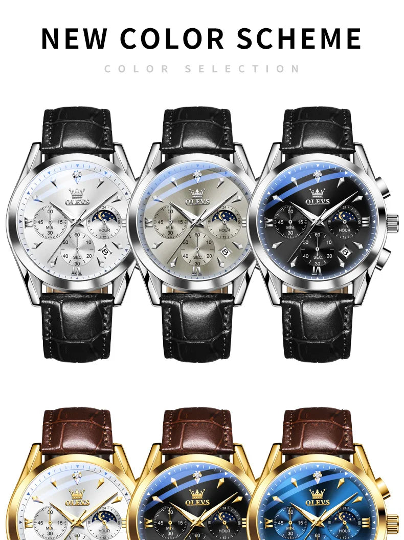 ساعة OLEVS 3609 الأصلية كرونوغراف بمرحلة القمر للرجال بحزام جلدي مقاوم للماء ومضيئة من ماركة فاخرة ساعات معصم كوارتز للرجال