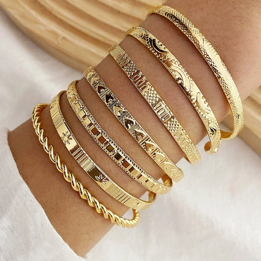 Punk Gold Bracelet Set - 7pcs Goth Heart Print Bangles