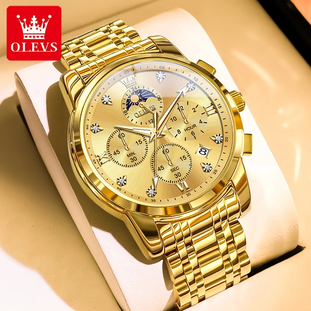 ساعة OLEVS 3655 Moon Phase Classic Three Eye Dial للرجال من الفولاذ المقاوم للصدأ للرجال بإبزيم الفراشة وساعة كوارتز مقاومة للماء