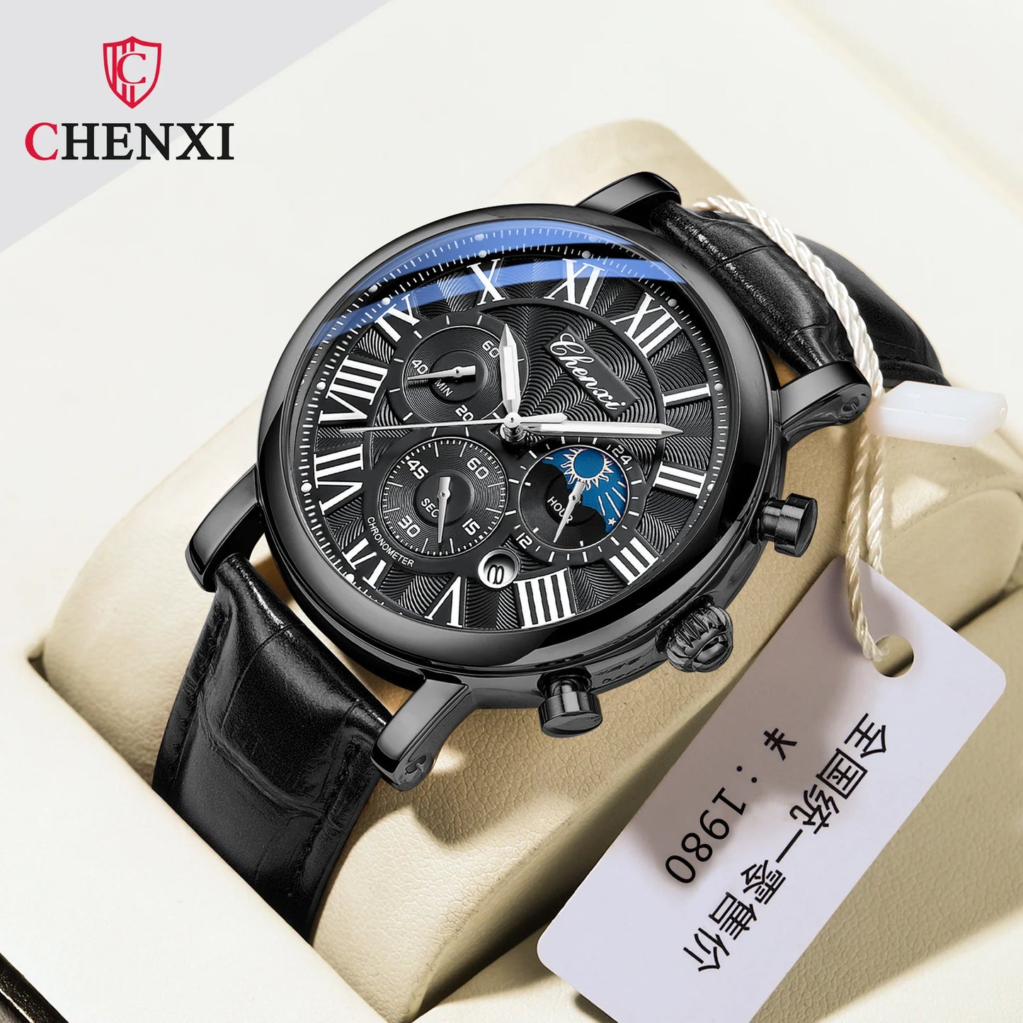 Montre homme CHENXI 973 à quartz, multifonctions, avec phase de lune et date, cadran analogique romain et bracelet en cuir. Idéale comme cadeau.