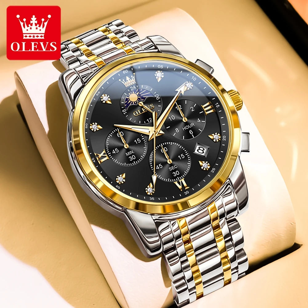 ساعة OLEVS 3655 Moon Phase Classic Three Eye Dial للرجال من الفولاذ المقاوم للصدأ للرجال بإبزيم الفراشة وساعة كوارتز مقاومة للماء