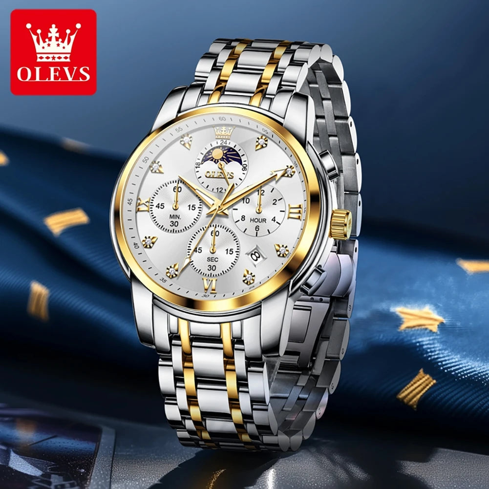 ساعة OLEVS 3655 Moon Phase Classic Three Eye Dial للرجال من الفولاذ المقاوم للصدأ للرجال بإبزيم الفراشة وساعة كوارتز مقاومة للماء