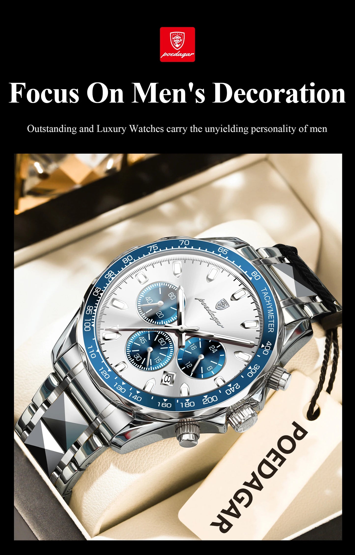 ساعة POEDAGAR للرجال من ماركة الأزياء المقاومة للماء والفولاذ المقاوم للصدأ ساعات رجالية مضيئة كرونوغراف وتاريخ كوارتز ساعة رياضية للرجال