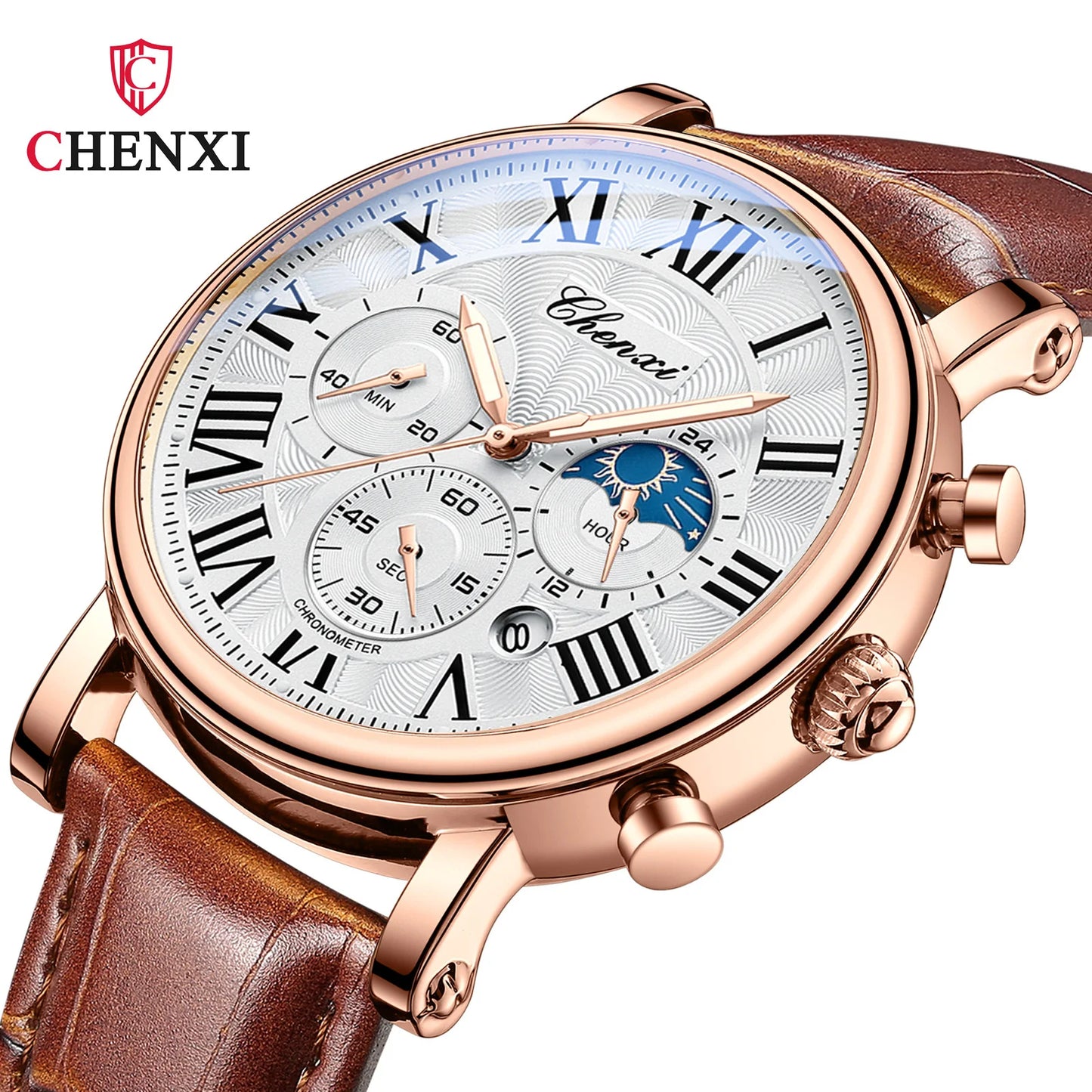 Montre homme CHENXI 973 à quartz, multifonctions, avec phase de lune et date, cadran analogique romain et bracelet en cuir. Idéale comme cadeau.