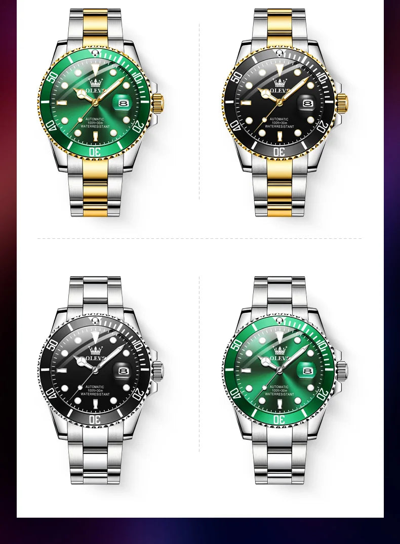 Montre homme OLEVS 6650, classique et originale, automatique, mécanique, avec index en zircon, étanche et lumineuse, en acier inoxydable.