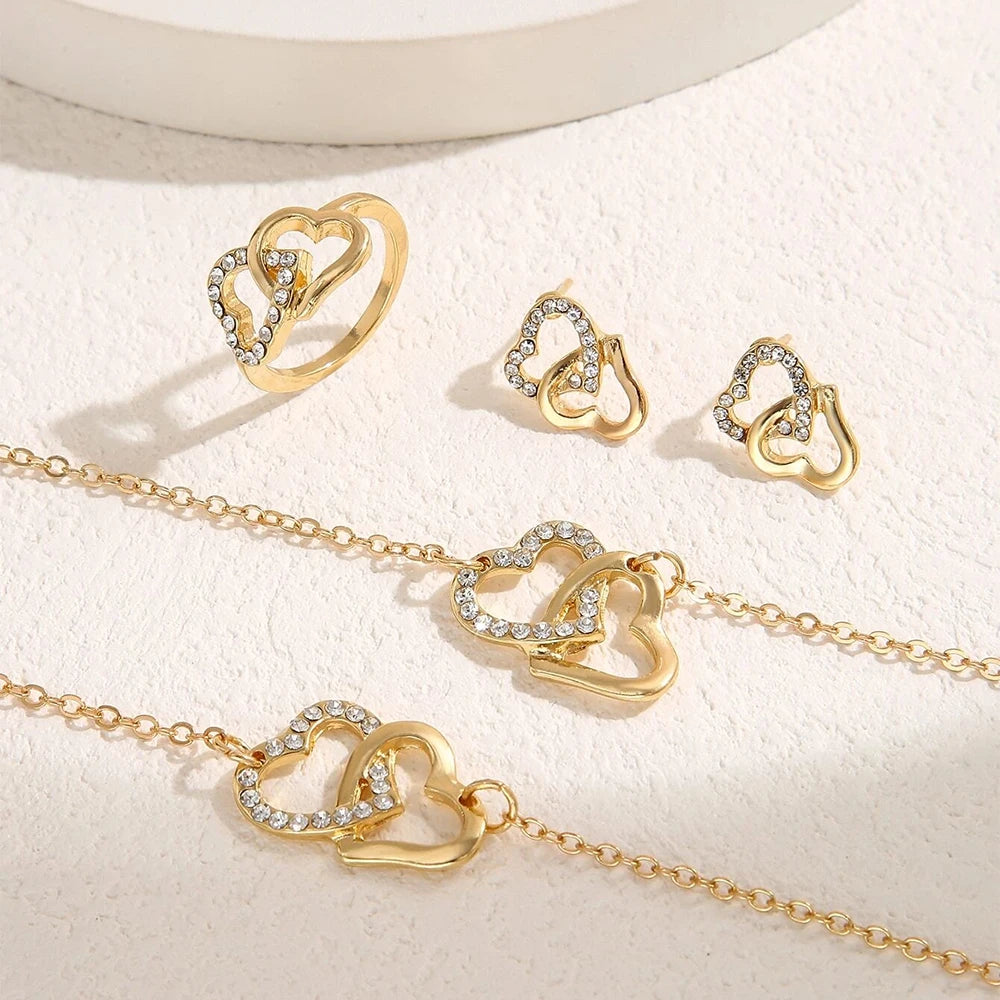 Jewelry Set - 5pcs Gold Rhinestone Heart Earrings Necklace Bracelet Ring Set