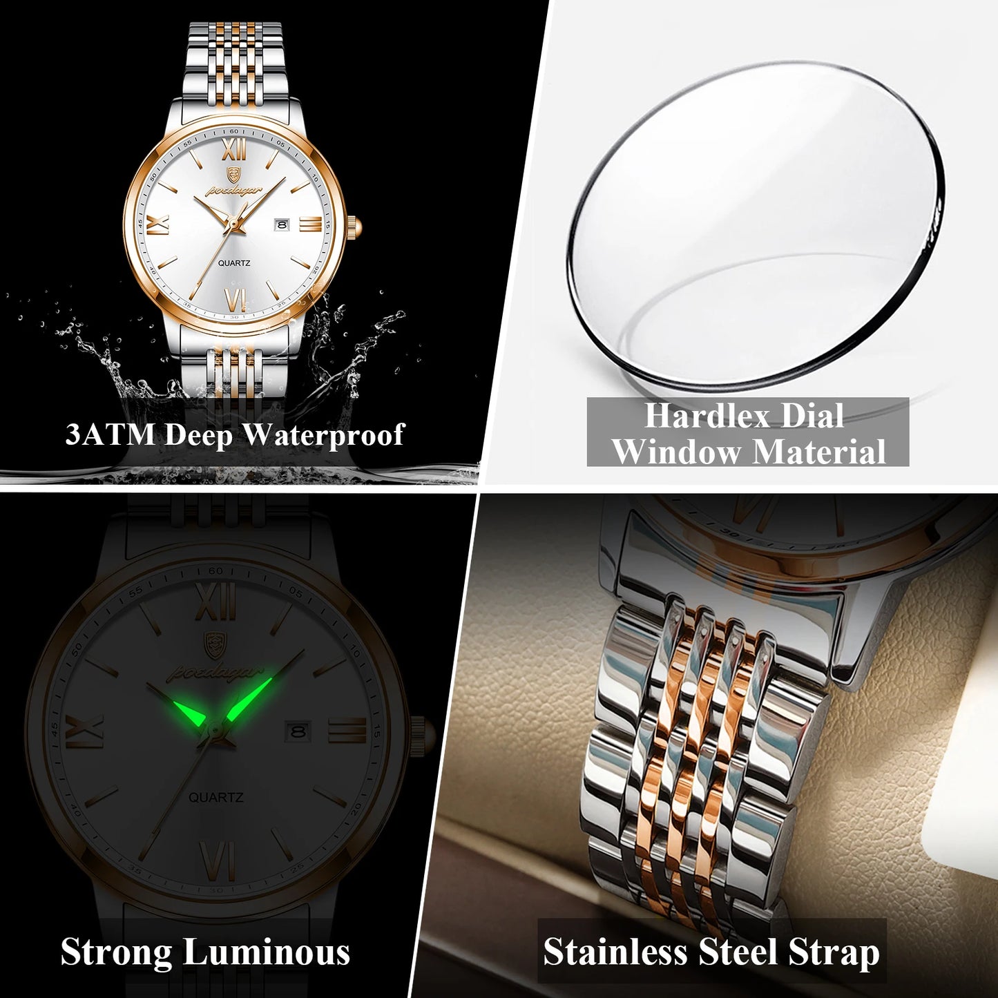 ساعة POEDAGAR النسائية - ساعة فولاذية فاخرة مقاومة للماء ومضيئة