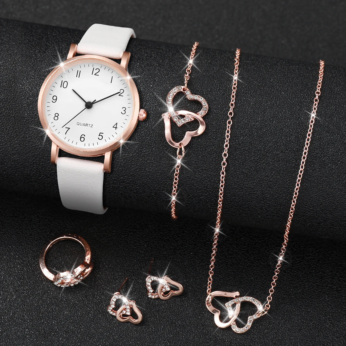 5/6 قطع ساعة كوارتز نسائية أنيقة بسوار جلدي ساعات كوارتز تناظرية مع مجوهرات ماسية (بدون علبة)