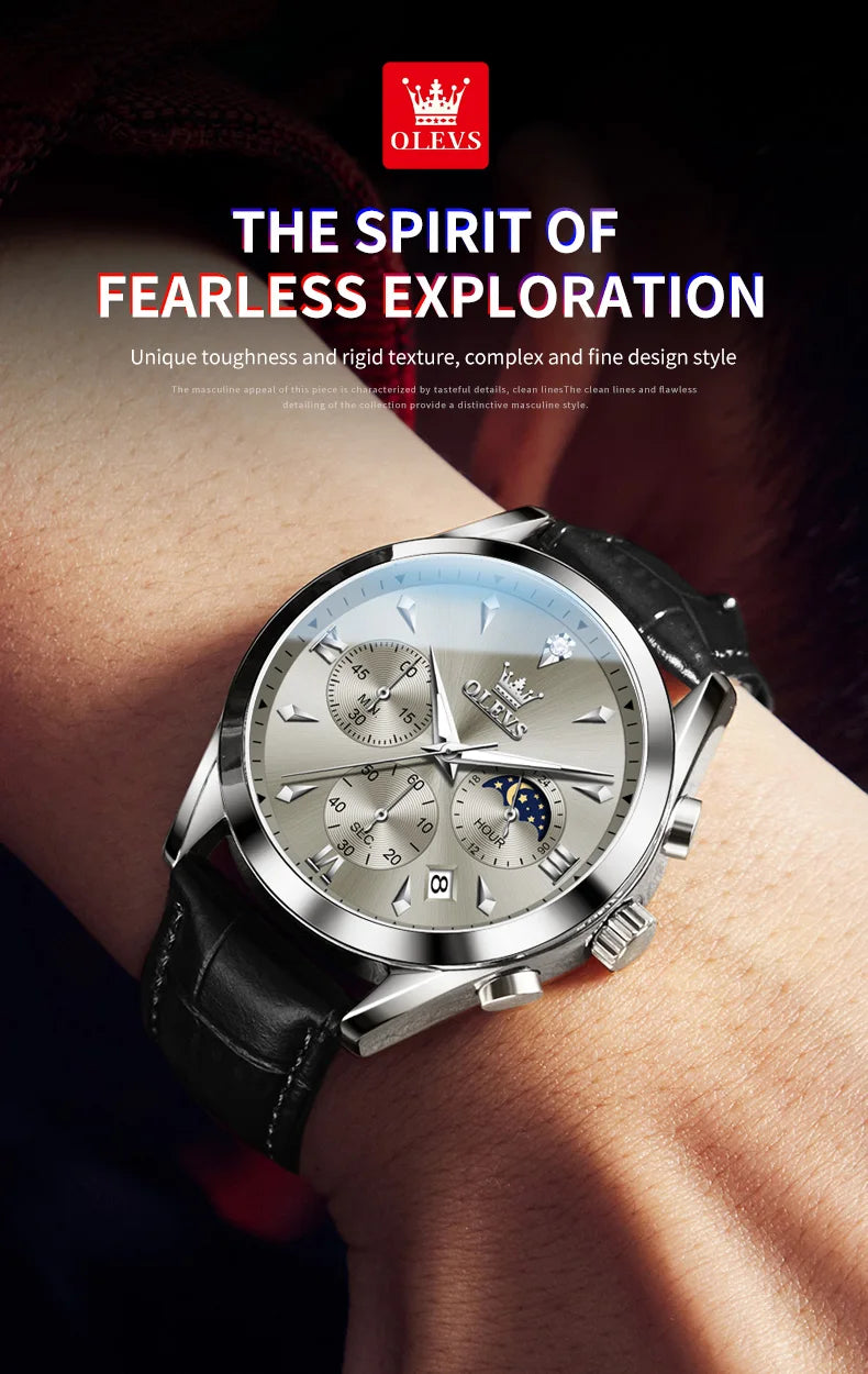 ساعة OLEVS 3609 الأصلية كرونوغراف بمرحلة القمر للرجال بحزام جلدي مقاوم للماء ومضيئة من ماركة فاخرة ساعات معصم كوارتز للرجال
