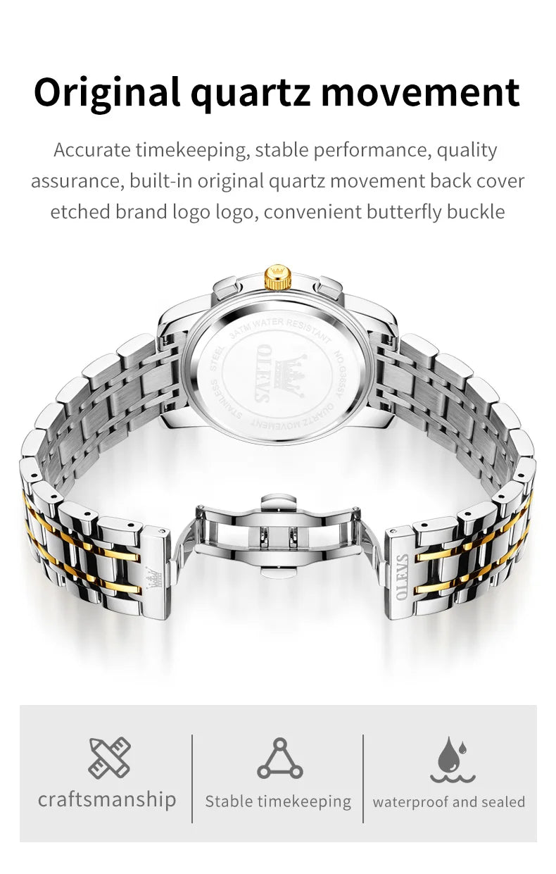 ساعة OLEVS 3655 Moon Phase Classic Three Eye Dial للرجال من الفولاذ المقاوم للصدأ للرجال بإبزيم الفراشة وساعة كوارتز مقاومة للماء