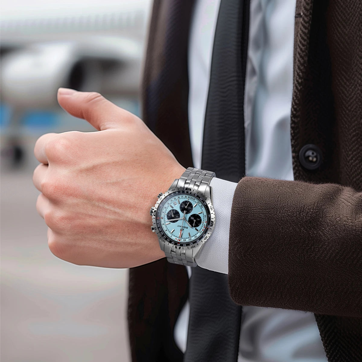 Montre chronographe BERNY pour homme, montre de pilote d'aviation multifonction à quartz avec date, verre saphir et luminescence intense. Montre-bracelet de luxe.