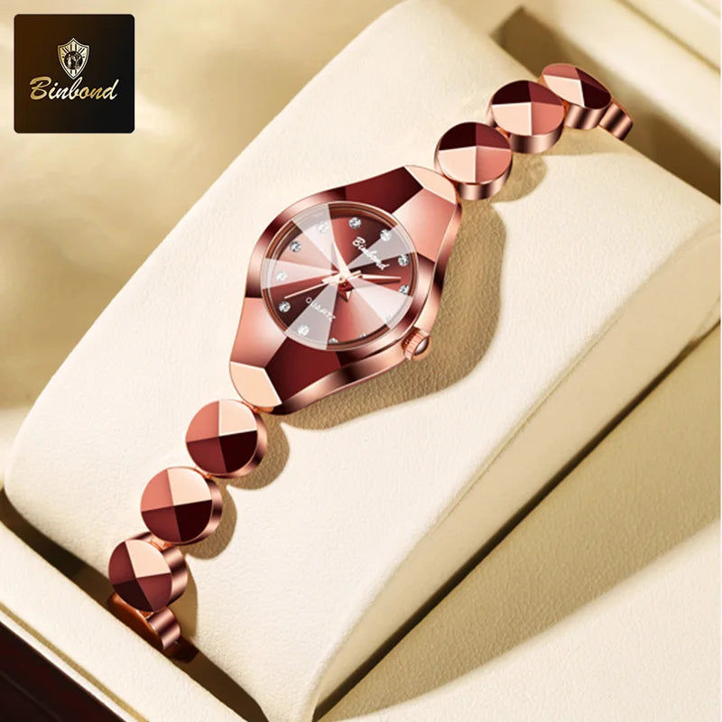 ساعة BINBOND النسائية - سوار فولاذي فاخر مقاوم للماء