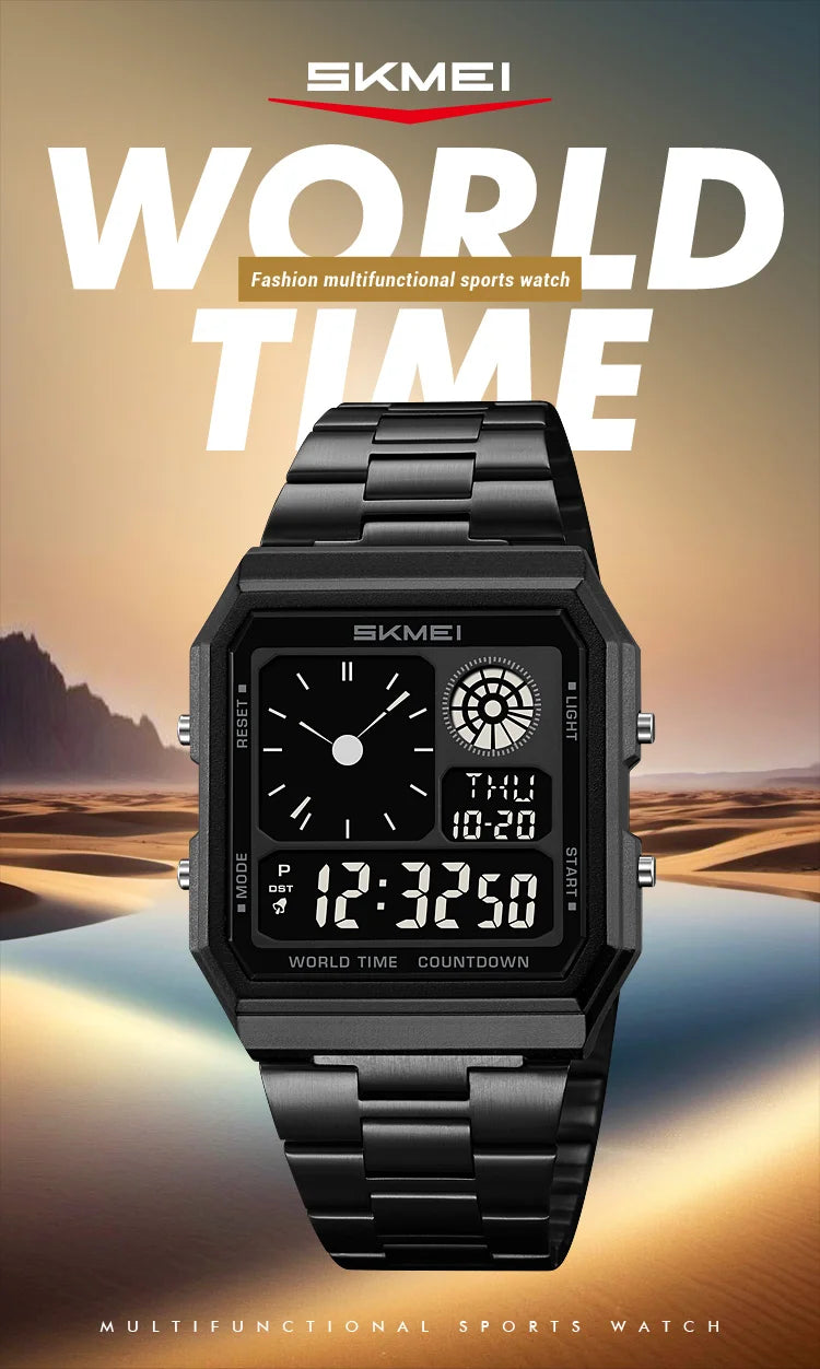 ساعة سكمي الإلكترونية الرقمية العالمية للرجال والنساء مقاومة للماء والرياضات الخارجية بسوار من الفولاذ المقاوم للصدأ ساعات يد للرجال