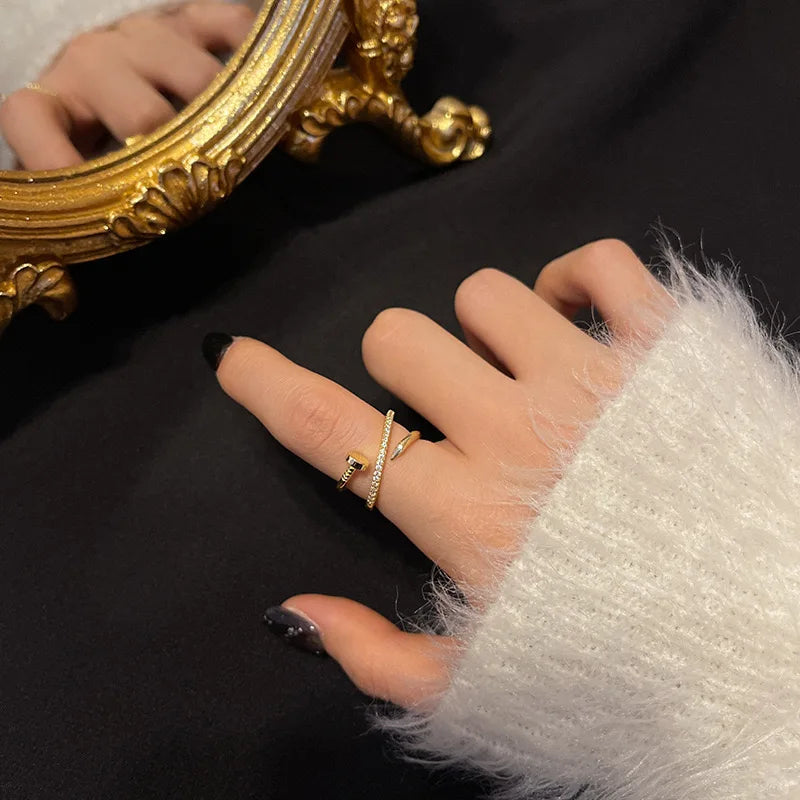 Bague de couple tendance - Bague ajustable en cuivre et zirconium avec cristal