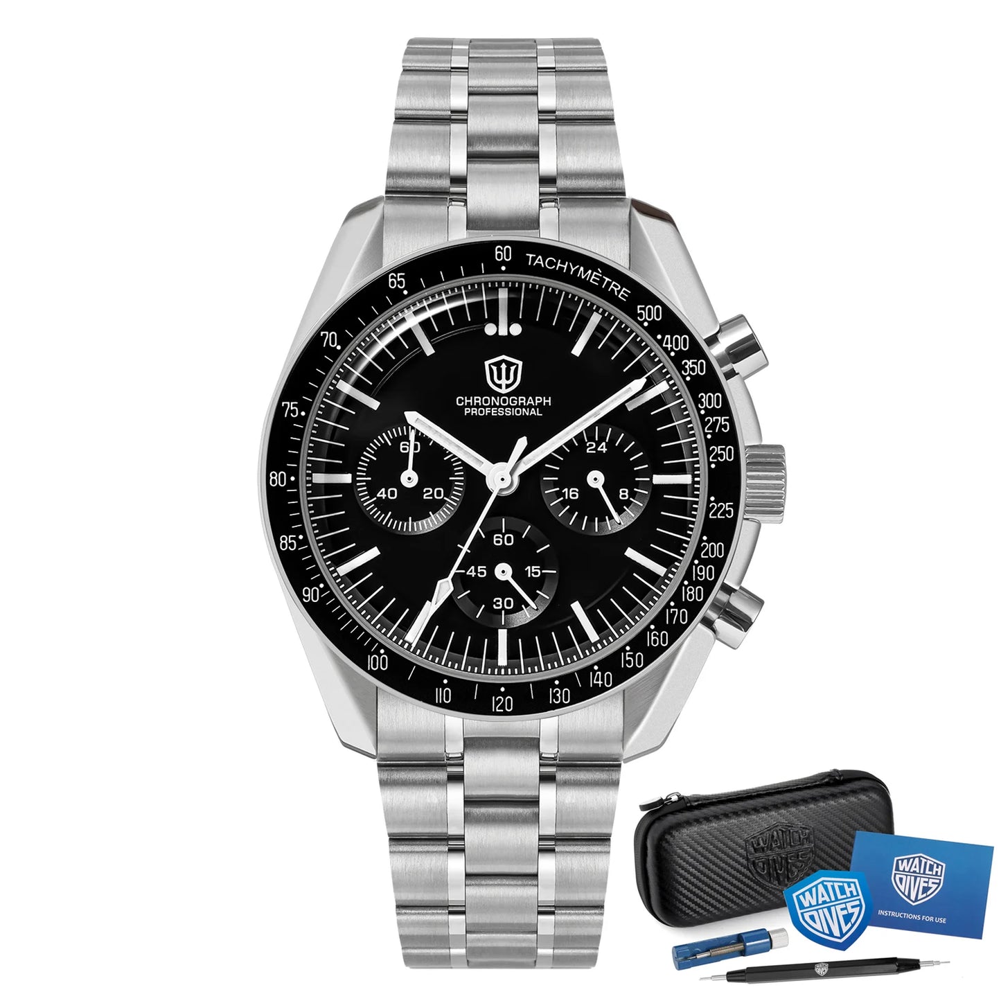 Montre Watchdives WD1863 à quartz, mouvement chronographe VK63, verre saphir bombé, étanche à 10 bar, luminescente, 39 mm, style vintage