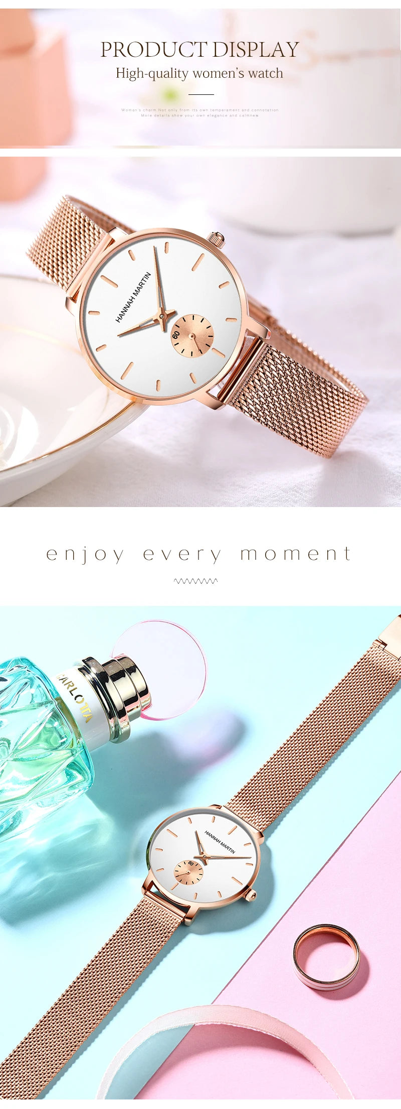 Montre femme Hannah Martin 2025 - Montre habillée en acier inoxydable et maille