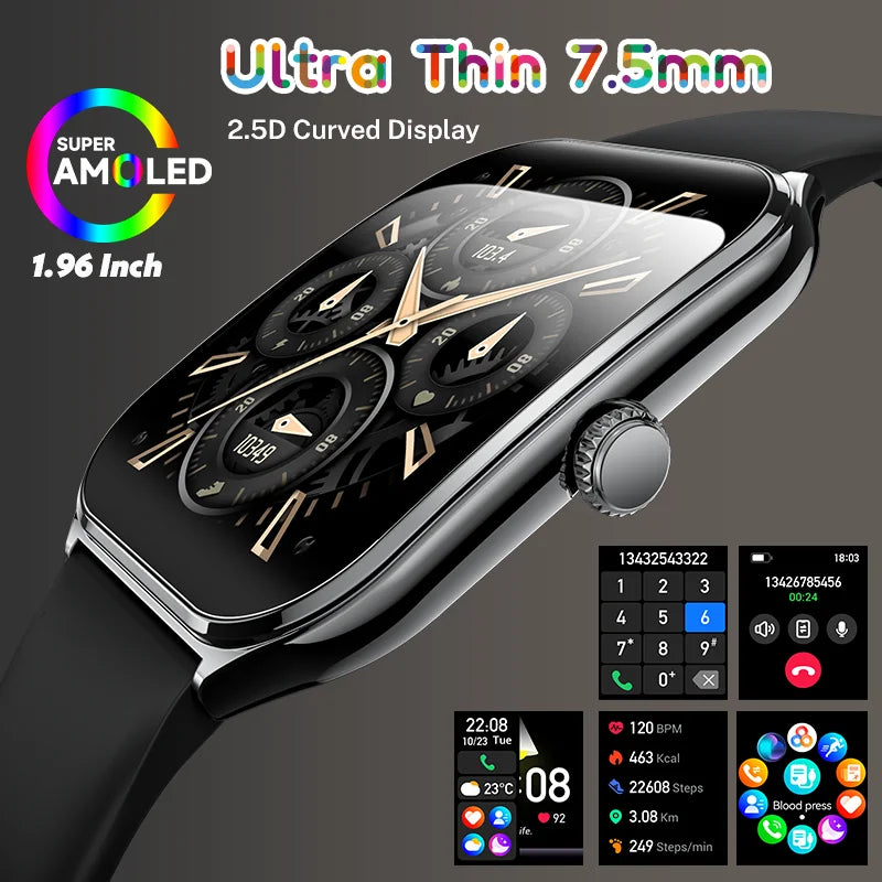 LIGE Ultra Thin Smart Watch - 1.96" AMOLED Curved Display BT Call Heart Rate