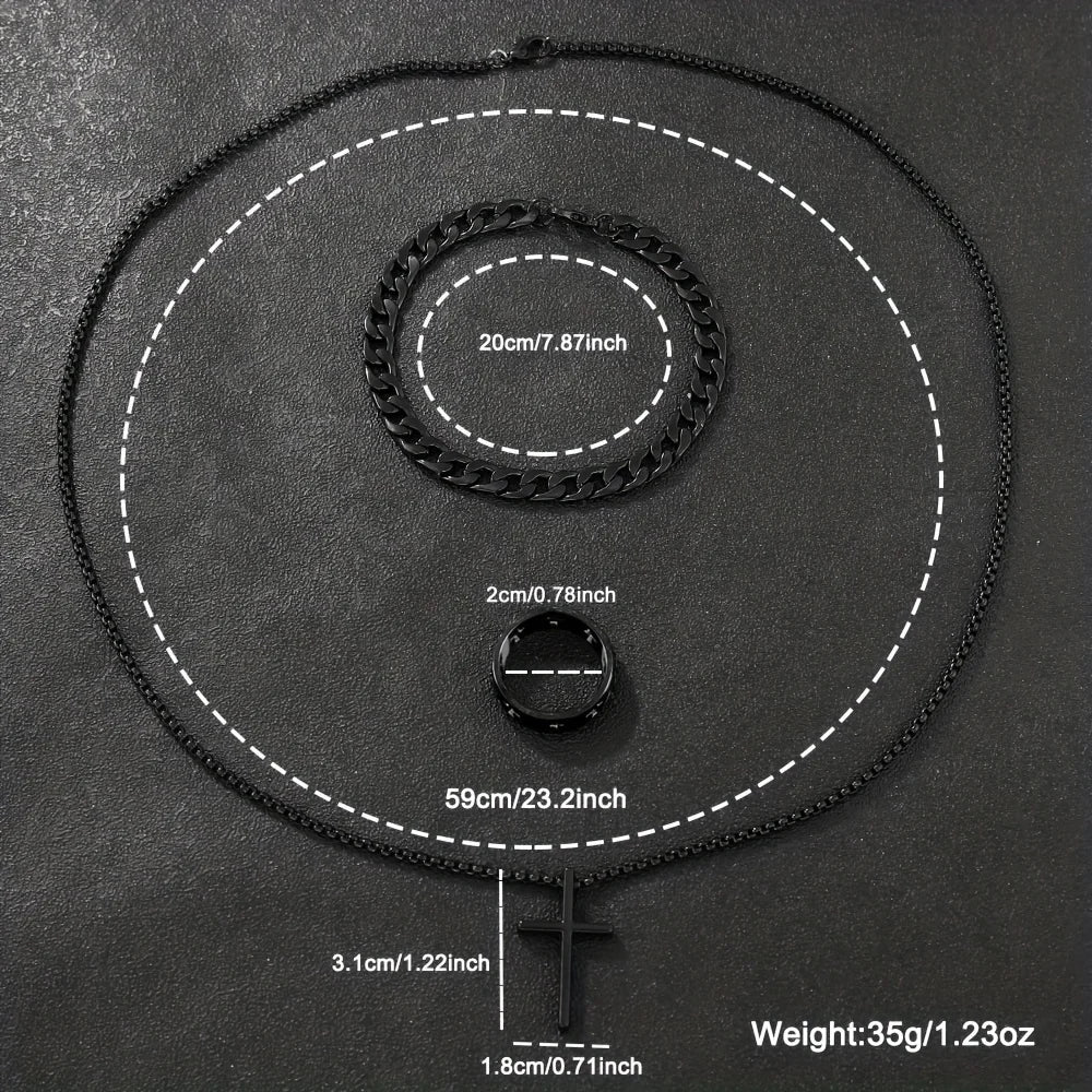 Men's Jewelry Set - 3pcs Cross Pendant Necklace Bracelet Ring Set