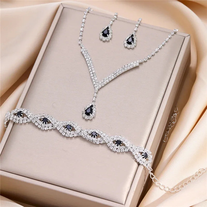 Jewelry Set - 3pcs Luxury Rhinestone Bride Black Crystal Wedding Set