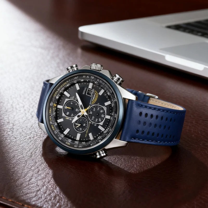 ساعات يد كوارتز فاخرة للرجال موضة 2025، ساعات جلدية كبيرة الحجم للرجال، ساعة عمل متعددة الوظائف، هدية عيد الميلاد