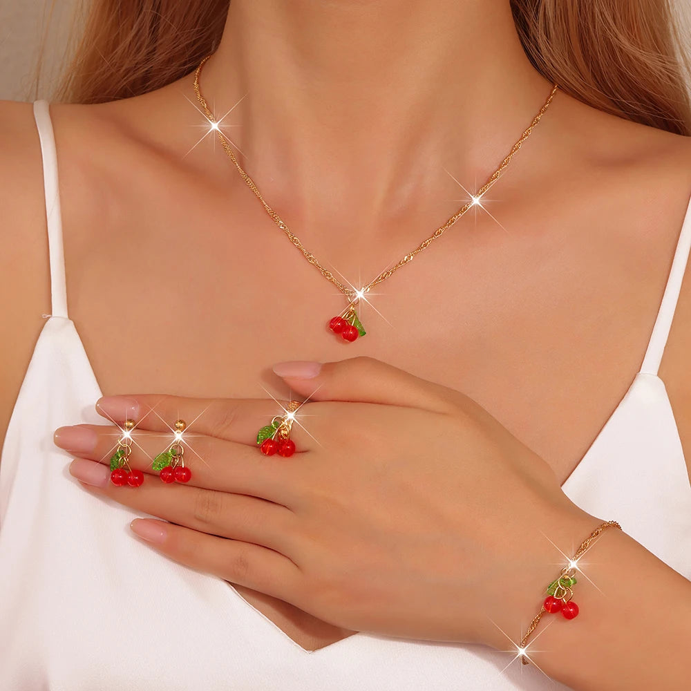 Jewelry Set - 5pcs Gold Rhinestone Heart Earrings Necklace Bracelet Ring Set