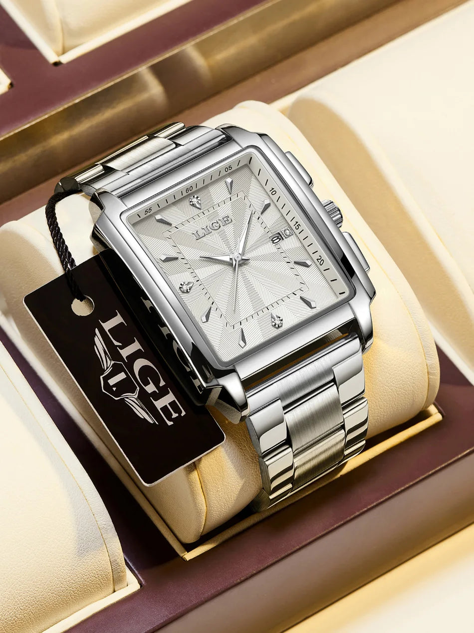 ساعة LIGE العصرية للأعمال للرجال، ساعة رياضية مربعة مقاومة للماء للرجال، علامة تجارية فاخرة، ساعة كوارتز عسكرية كرونوغراف