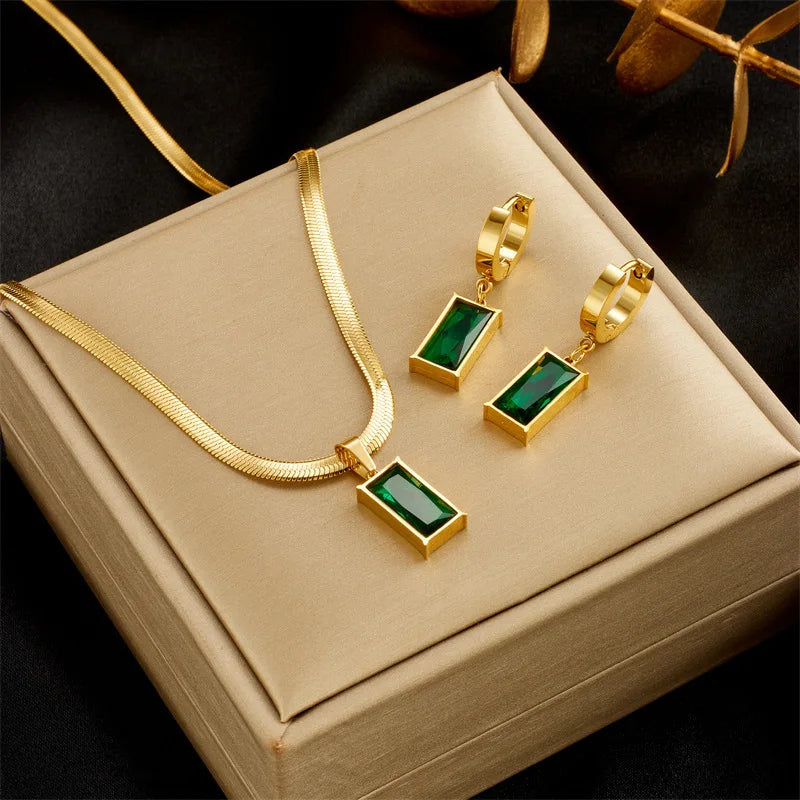 Jewelry Set - AKOL Green Crystal Zircon Pendant Necklace Earrings Set