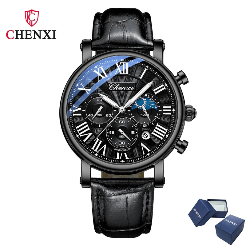 Montre homme CHENXI 973 à quartz, multifonctions, avec phase de lune et date, cadran analogique romain et bracelet en cuir. Idéale comme cadeau.