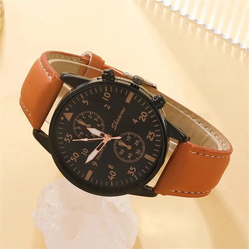 Men's Watch Set - Luxury Bracelet Brown Leather Quartz Watch Gift Set
