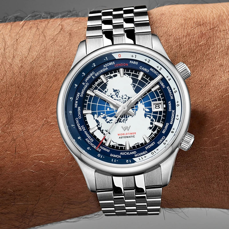 Montre WM automatique mécanique pour homme, haute qualité, verre saphir, heure mondiale, marque originale reconnue Welly Merck, référence WM057