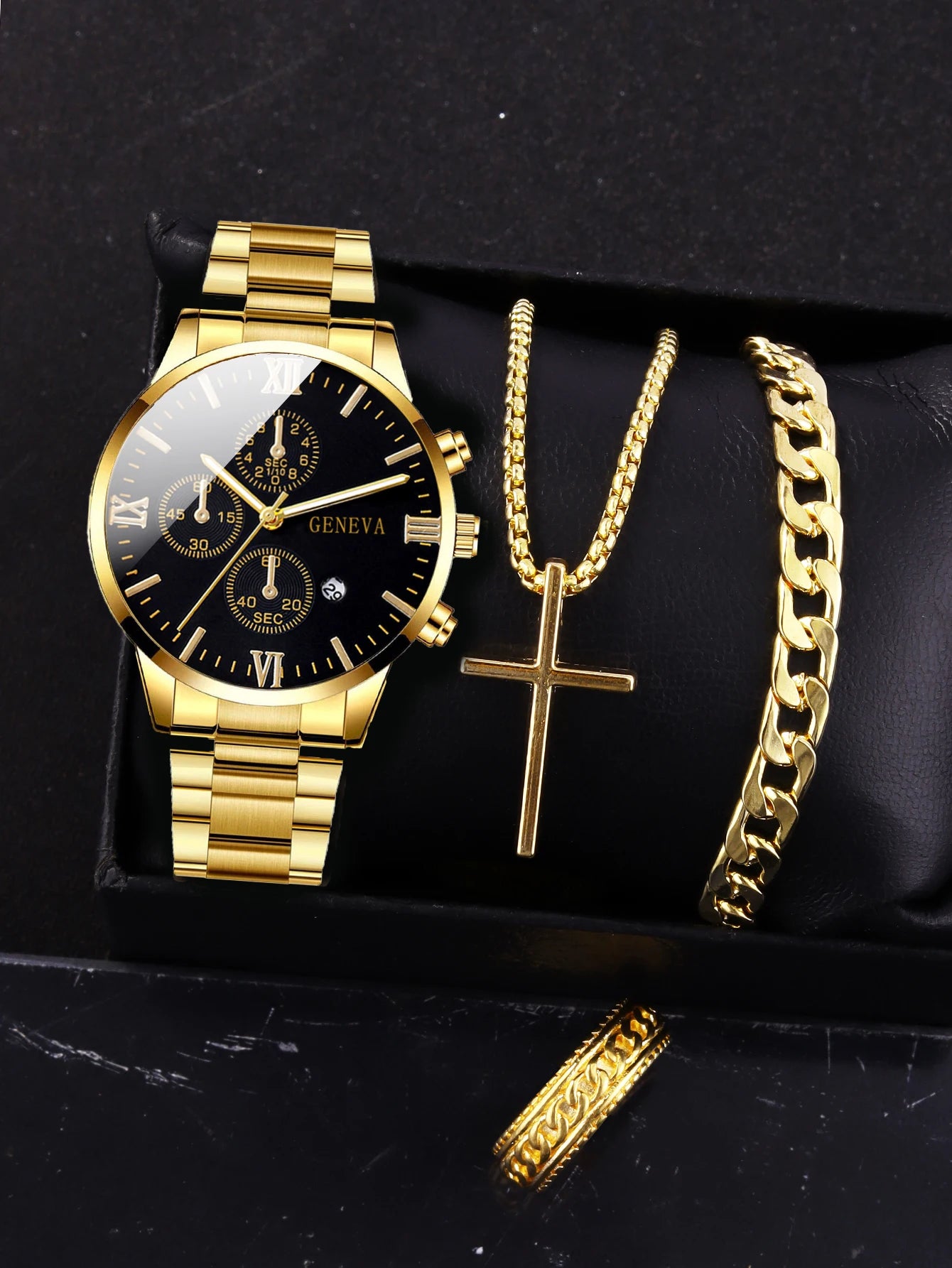 Men's Watch Set - 4pcs Gold Roman Calendar Watch Cross Necklace Bracelet Ring Set