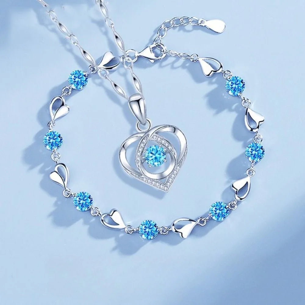 Jewelry Set - 925 Silver Heart Necklace Bracelet Korean Crystal Set