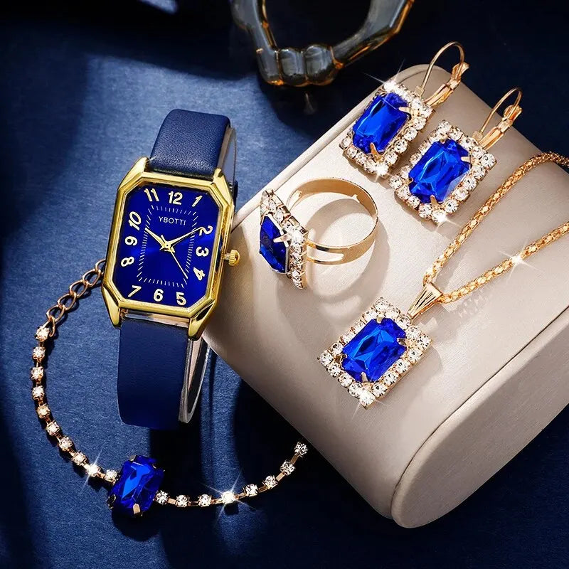 Montre carrée pour femme - Montre-bracelet à quartz avec bracelet en cuir bleu de luxe