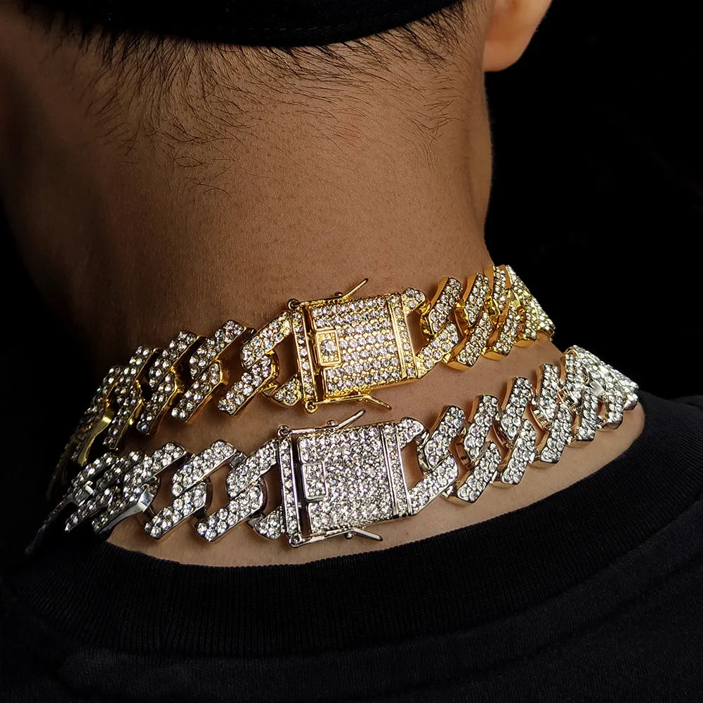Collier à chaîne cubaine - Ras-de-cou punk hip-hop orné de strass